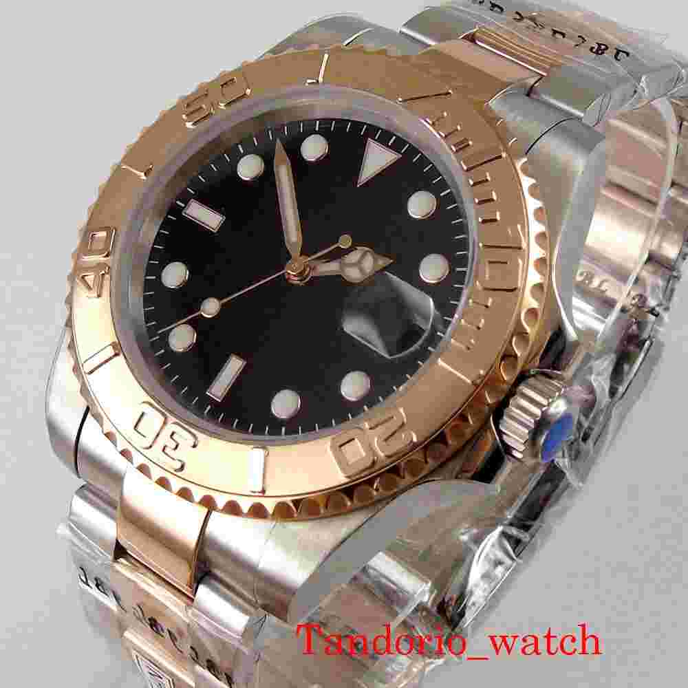 Automatic 40mm Watch Men Sapphire Crystal Auto Date Rose Gold Plated Black Dial