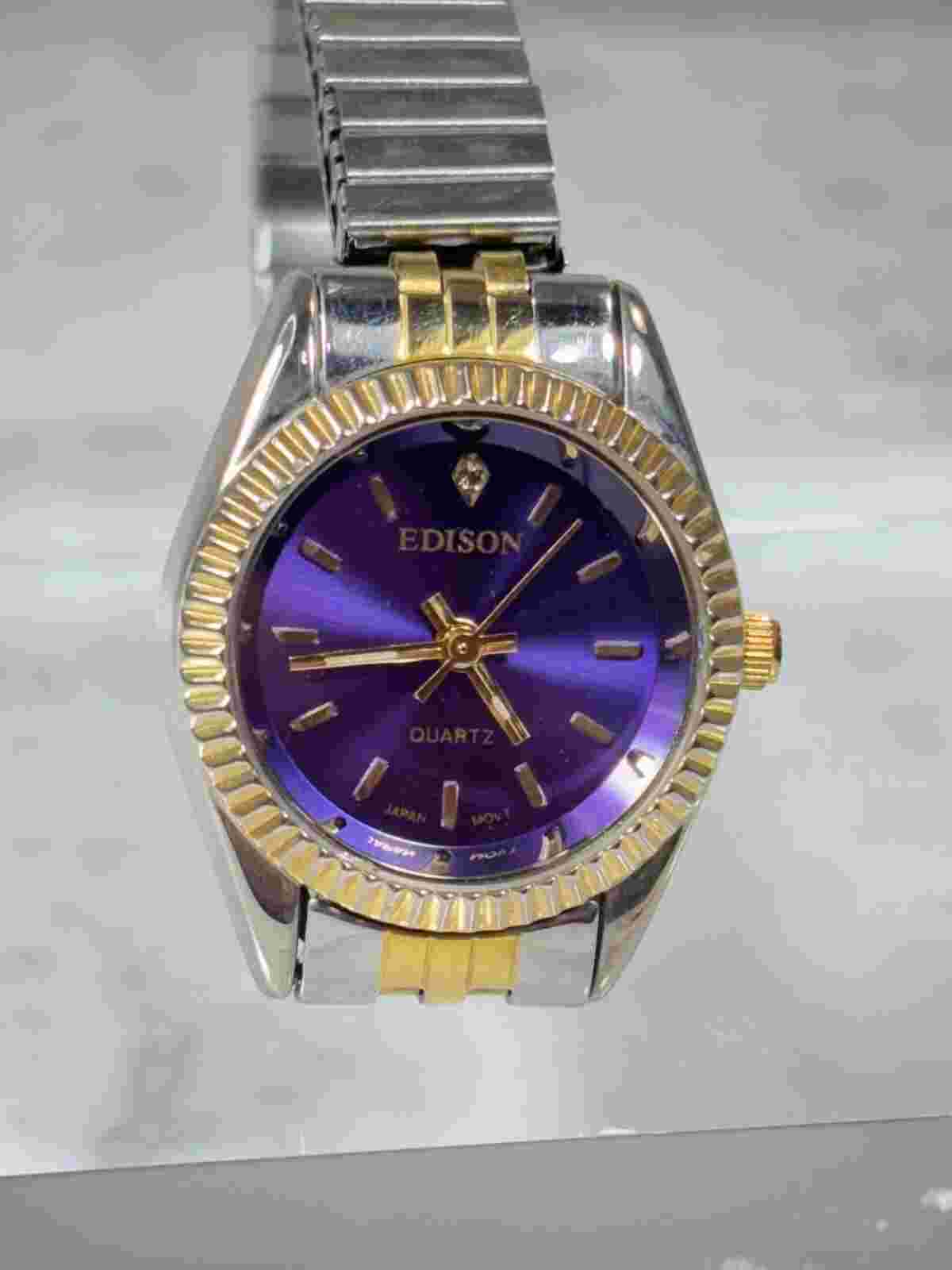 Edison Quartz Watch Ladies Purple Gold Silver Tone Expansion Band Works New Batt