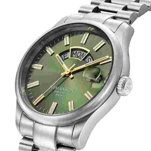 Romanson Activius Day-Date Watch RWTMFM3BF007 Green Dial Steel Mens 50M WR New