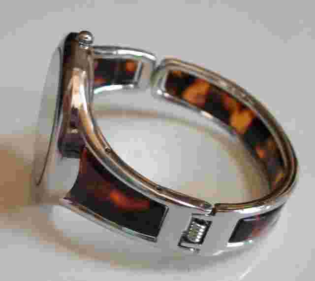 Tortoise Shell Silver & Acrylic Band Round Face Women's Bangle Cuff Casual Watch