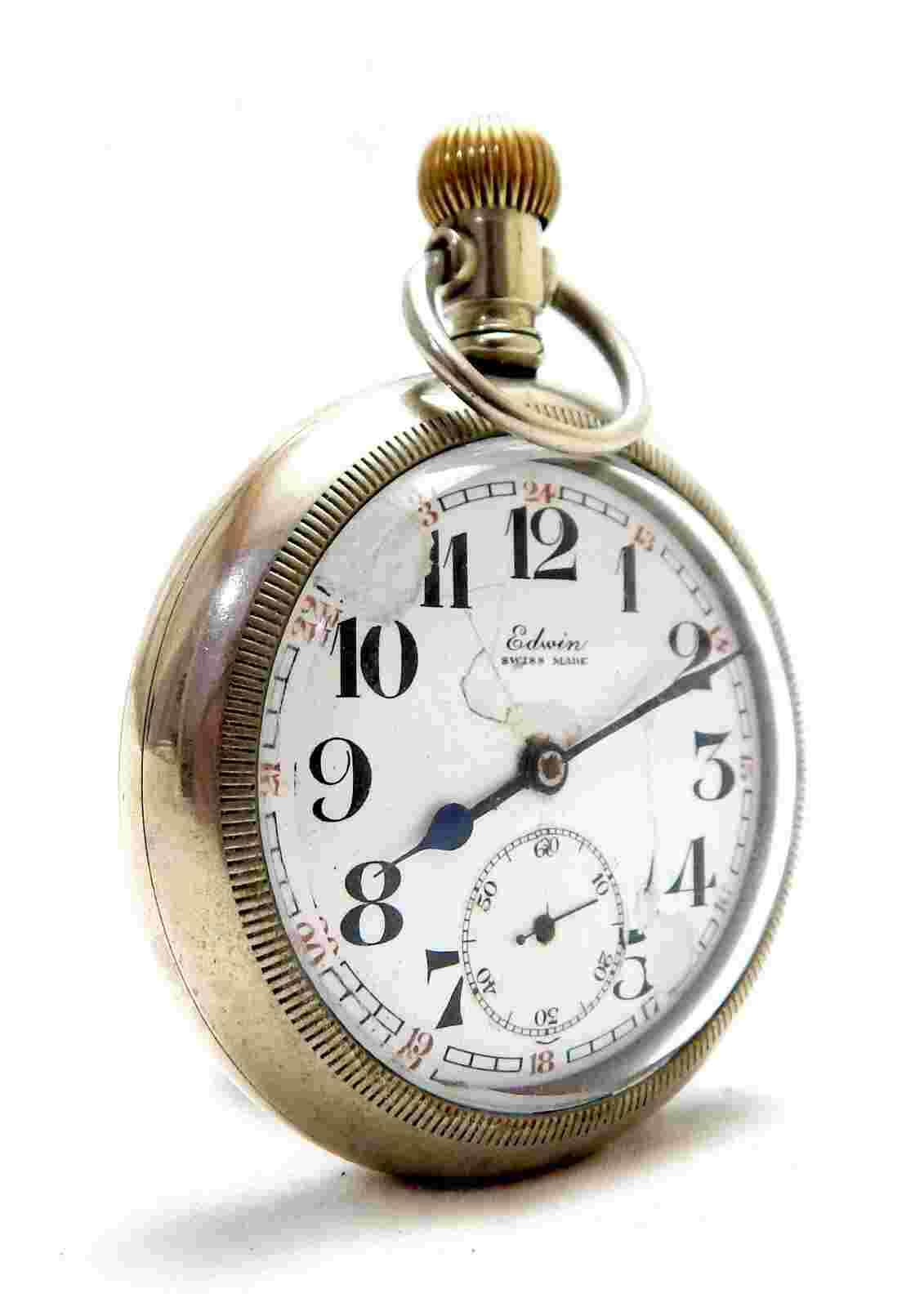 Antique Pocket Watch EDWIN Railroad Dial Porcelain Case Steel Hugue 58mm Working