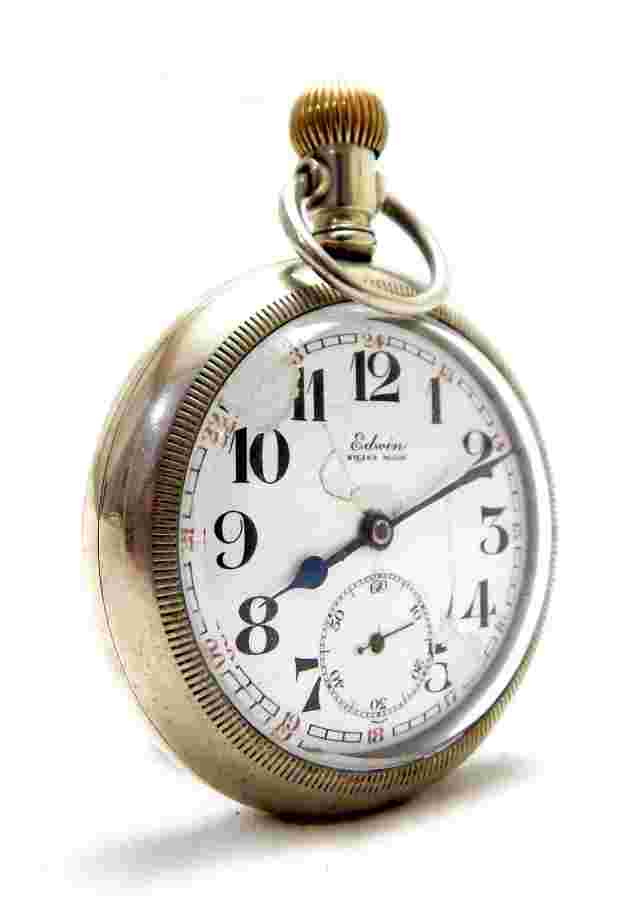 Antique Pocket Watch EDWIN Railroad Dial Porcelain Case Steel Hugue 58mm Working