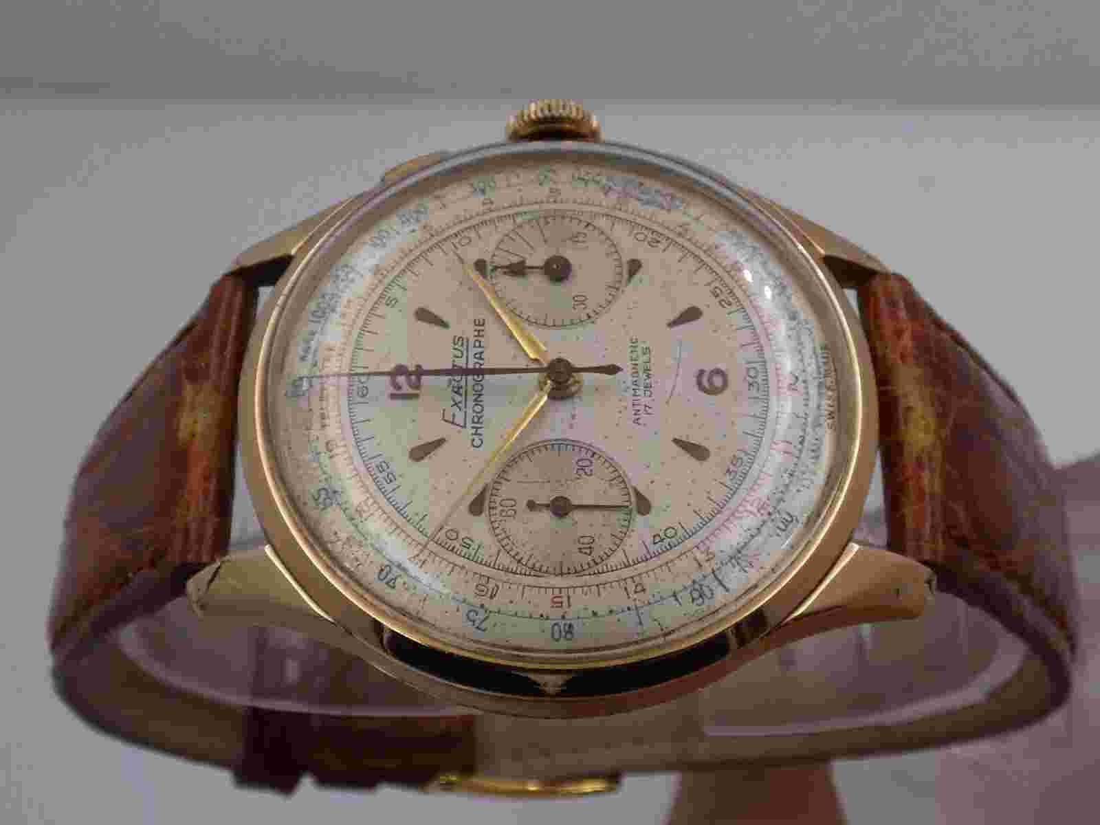 EXACTUS CHRONOGRAPH 18 Kt GOLD OVERSIZE 38mm VENUS 175 YEARS '50s MANUAL WATCH