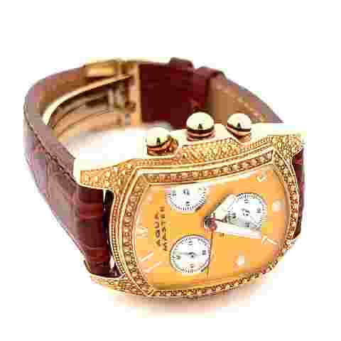 Aqua Master Men's Yellow Dial Burgundy Leather Band 2.5ct Diamond Watch #W20_2