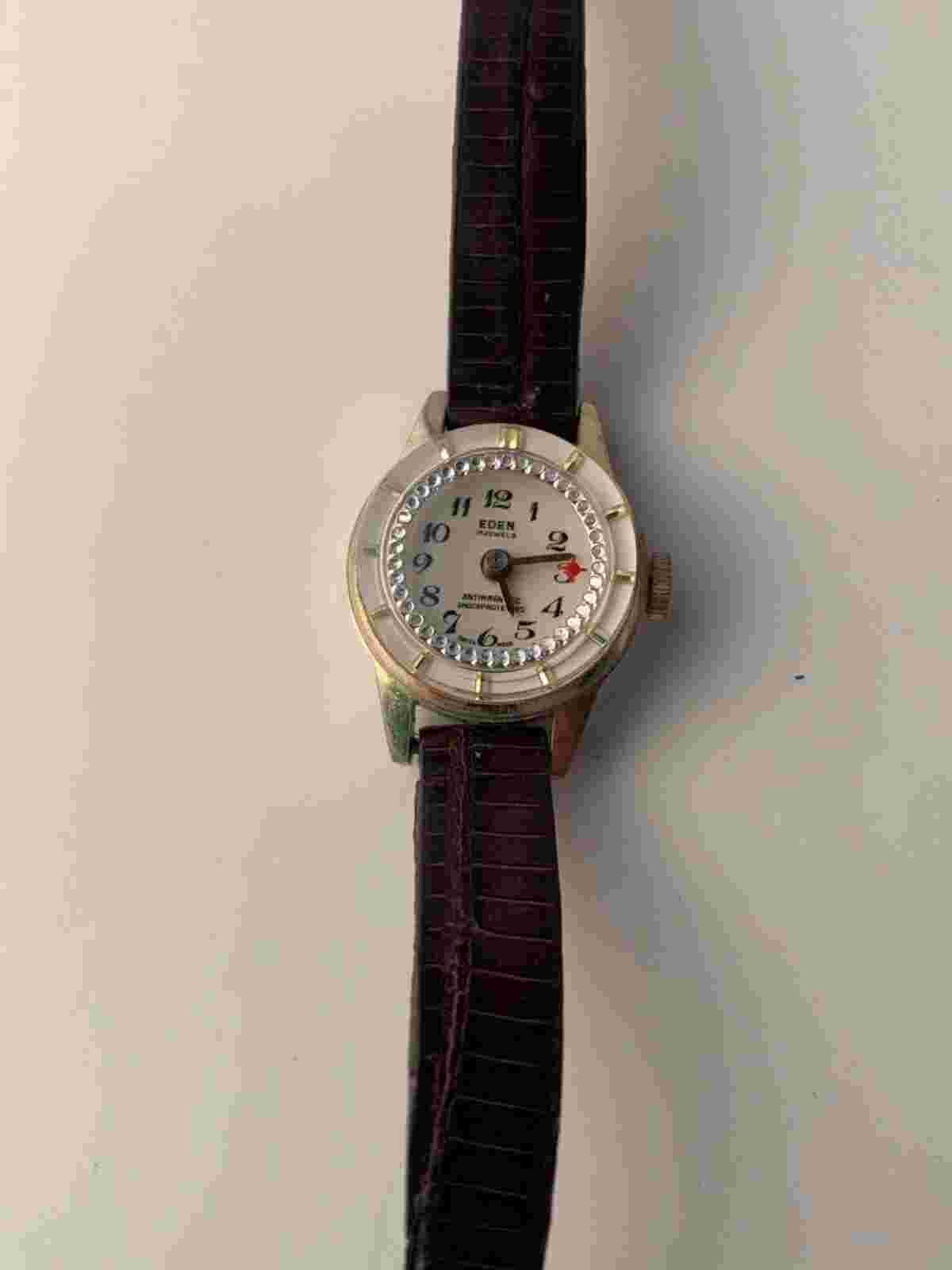 Vtg Watch Eden 17 Jewels Leather Band Swiss Made Antimagnetic Shock Protected
