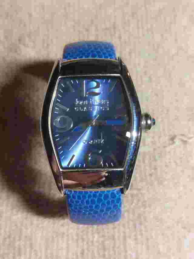 Vintage Fashion Jewelry Joan Rivers Cuff Watch Leather Blue Band Silver Tone