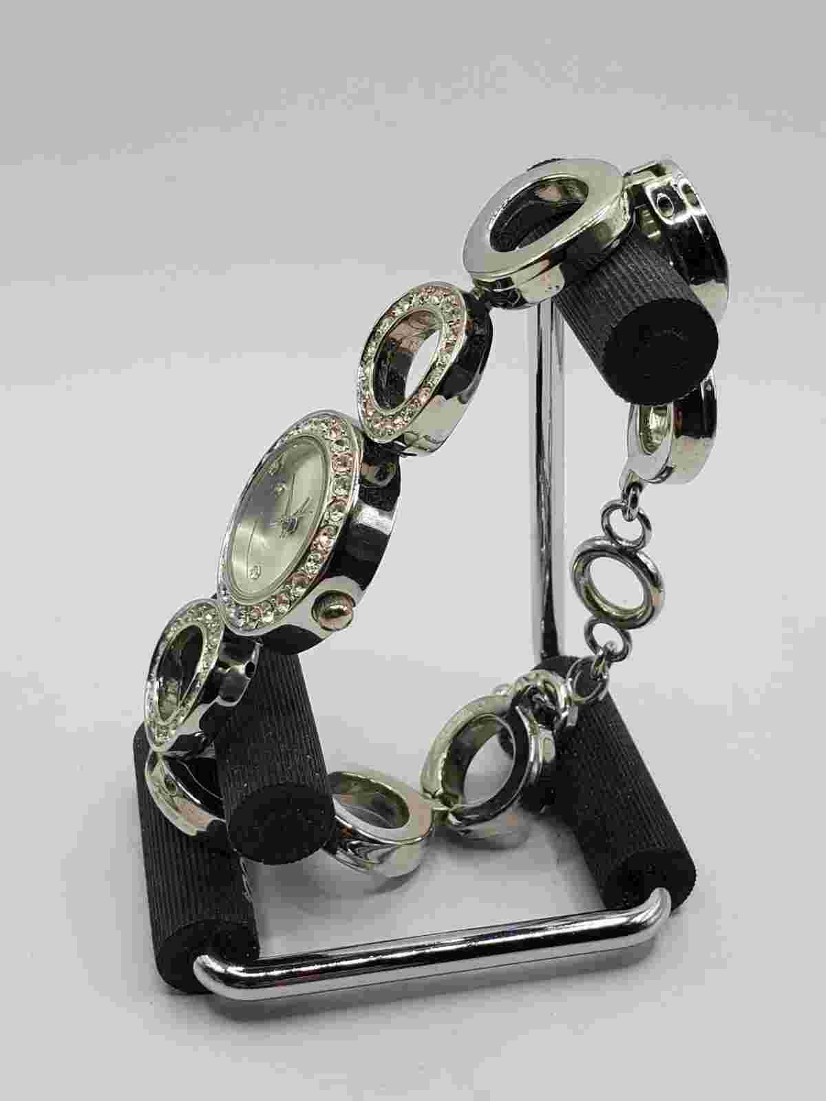 Allude Ladies Fashion Gemmed Quartz Watch 24mm Round Silver Tone Bracelet Band
