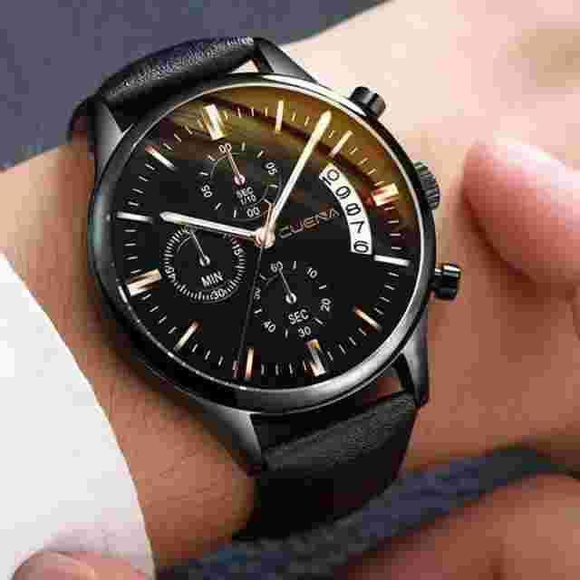 Cuena Luxury Watch Leather Strap Mens Quartz Watch Casual Gift Waterproof Wrist
