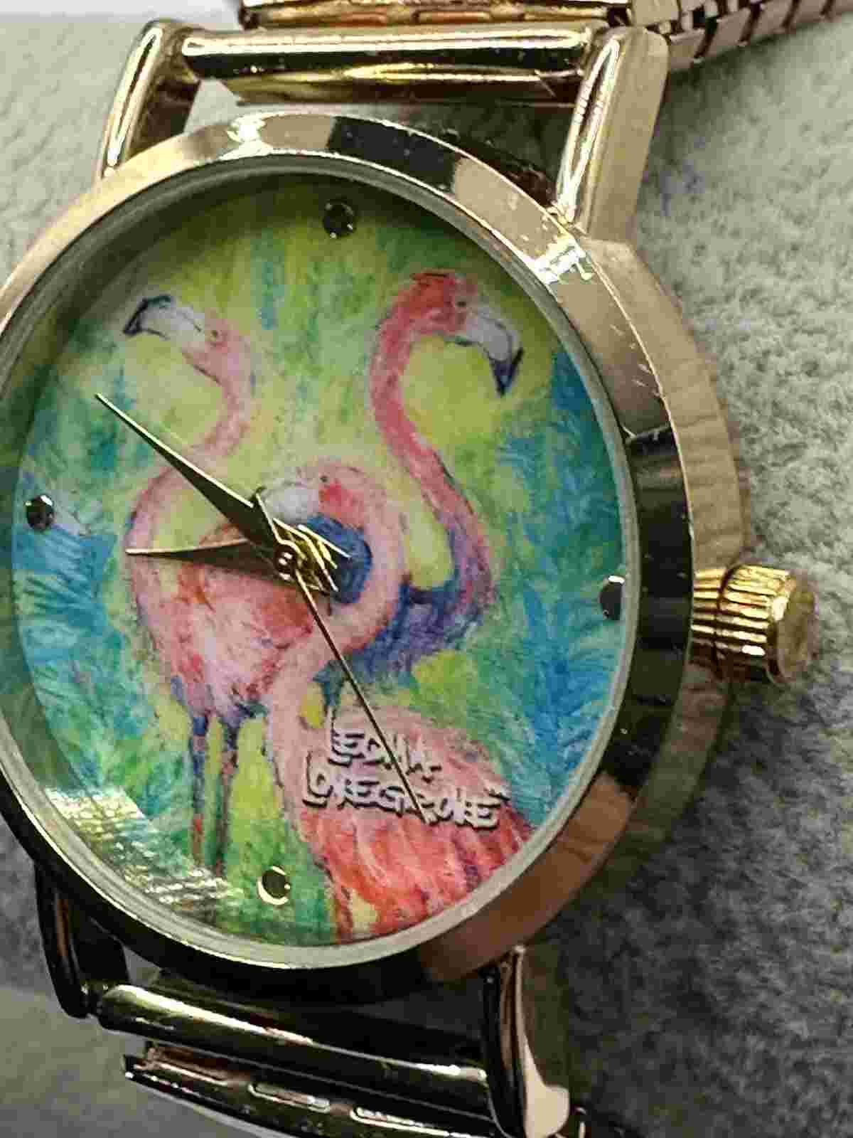 Leoma Lovegrove Flamingo Animal Art Graphic Gold Tone Watch New Battery 33mm Y