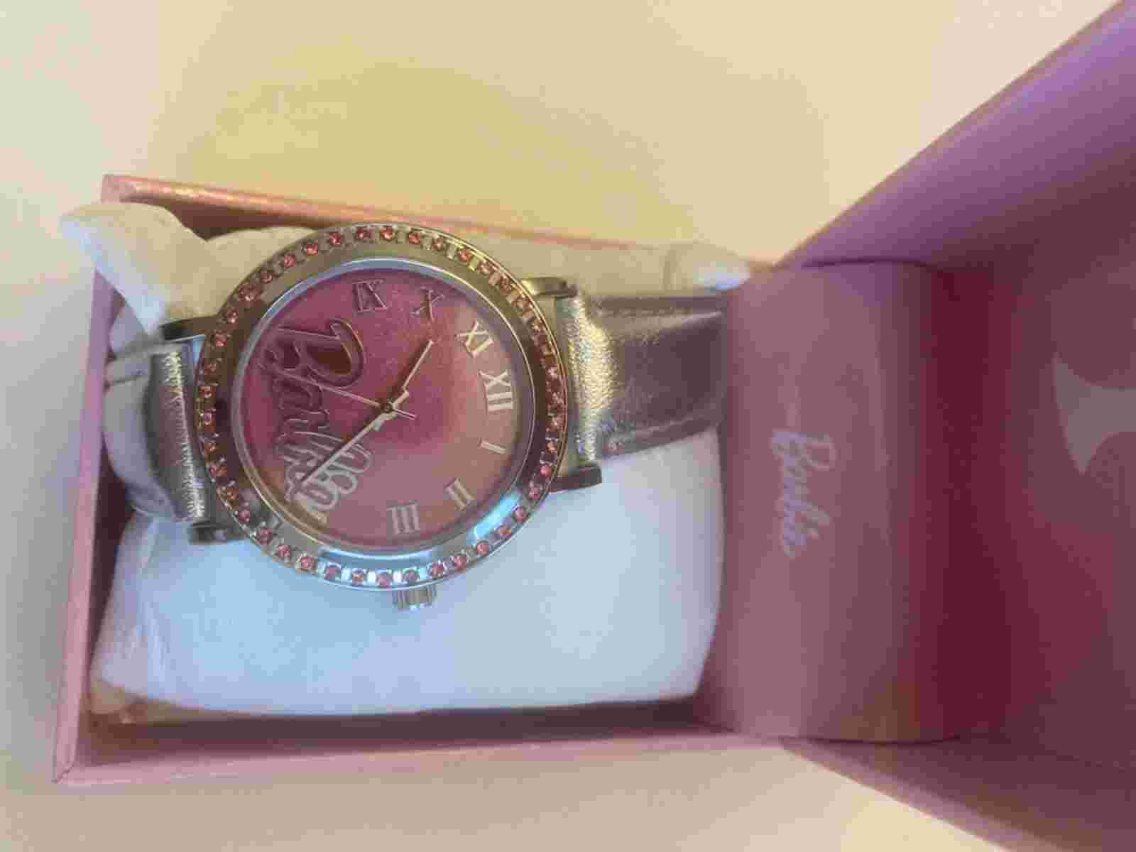 Barbie Logo Watch Women's Quartz Movement w/Silicone Silver Band w/Rhinestones