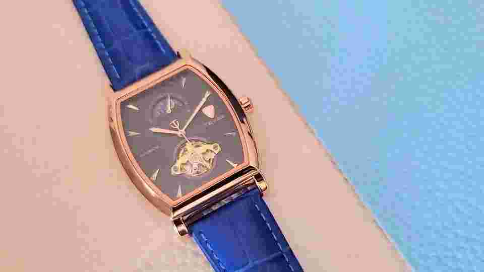 Mens Rose Gold Moon Phase Automatic Mechanical Watch Blue Leather 24HR Dial