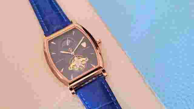 Mens Rose Gold Moon Phase Automatic Mechanical Watch Blue Leather 24HR Dial