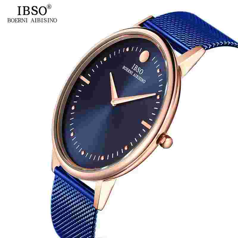 IBSO 7.5MM Ultra-thin Mens Watches Blue Steel Mesh Strap Quartz Watch
