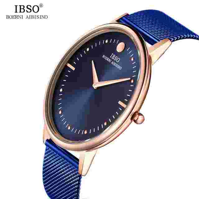 IBSO 7.5MM Ultra-thin Mens Watches Blue Steel Mesh Strap Quartz Watch