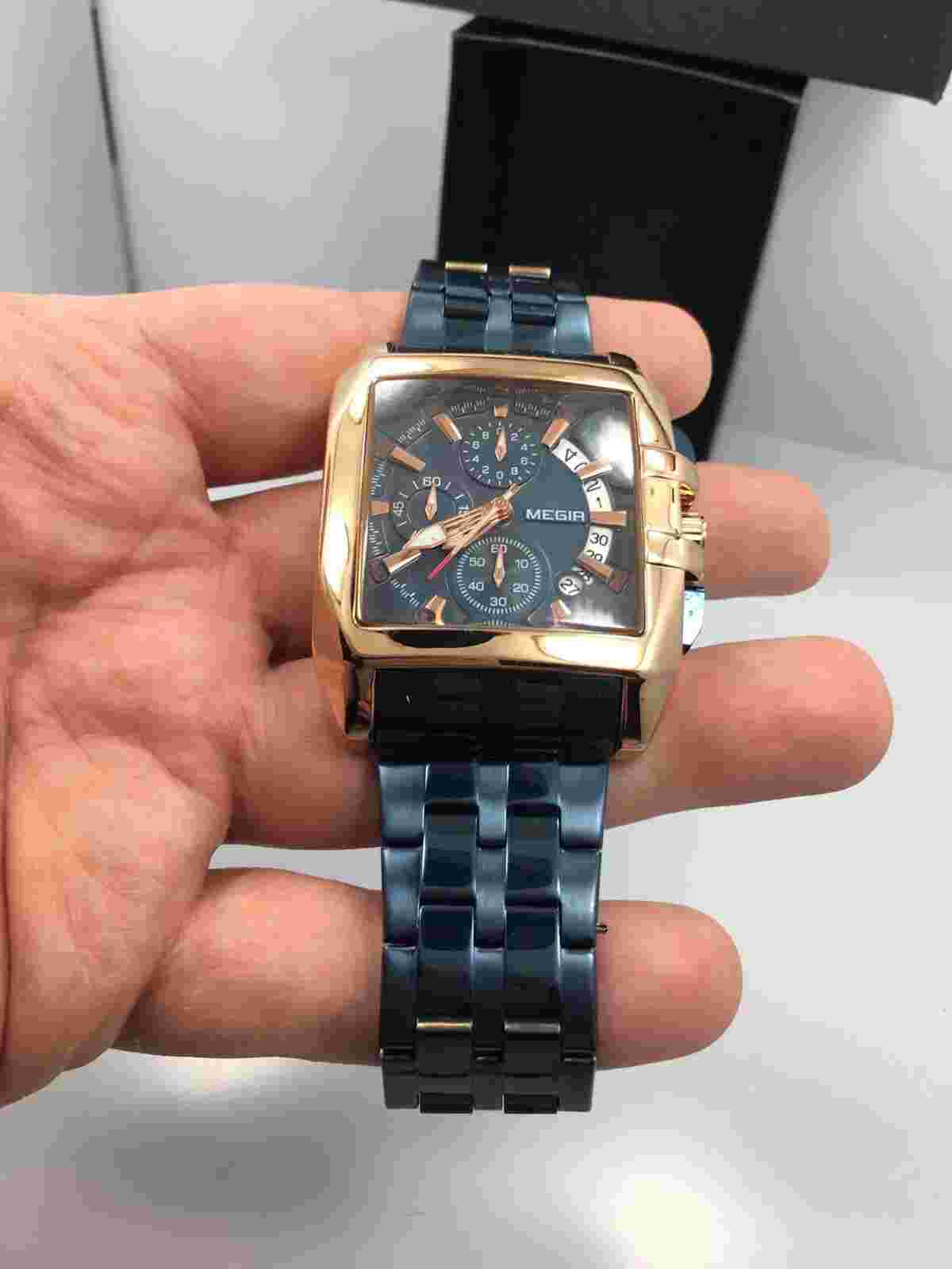NEW Mens Mega Huge Big Face Rose Gold GP Blue Steel Hip Hop Watch Megir with Box