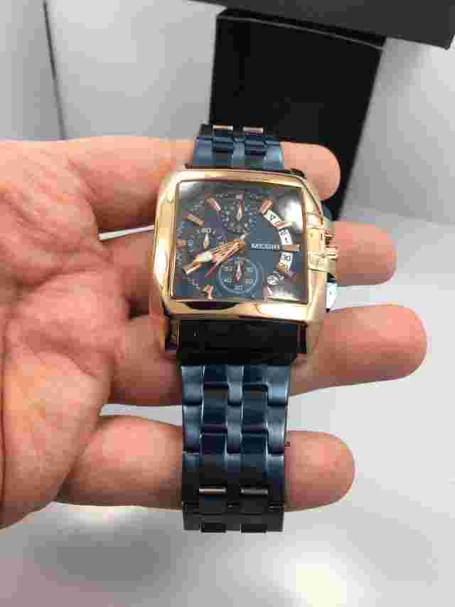 NEW Mens Mega Huge Big Face Rose Gold GP Blue Steel Hip Hop Watch Megir with Box