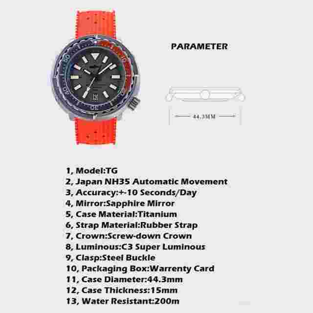 Heimdallr Men Diver Watch Automatic Tuna Wristwatch Titanium 20Bar Luminous NH35