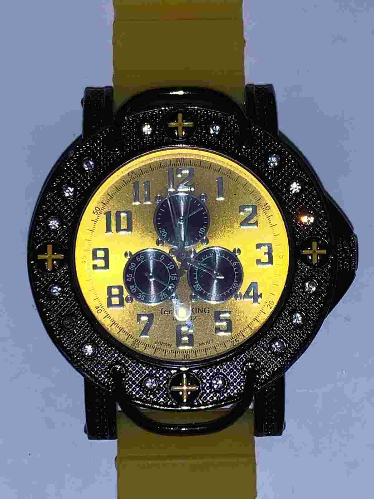 Techno King Quartz Mens Fashion Watch. New Battery. Yellow Silicone Band.