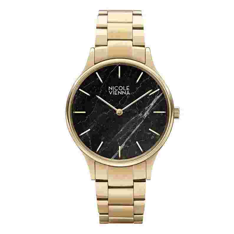 Women's Watch Nicole Vienna, Black Marble Dial, Yellow Gold PVD, Gold Bracelet