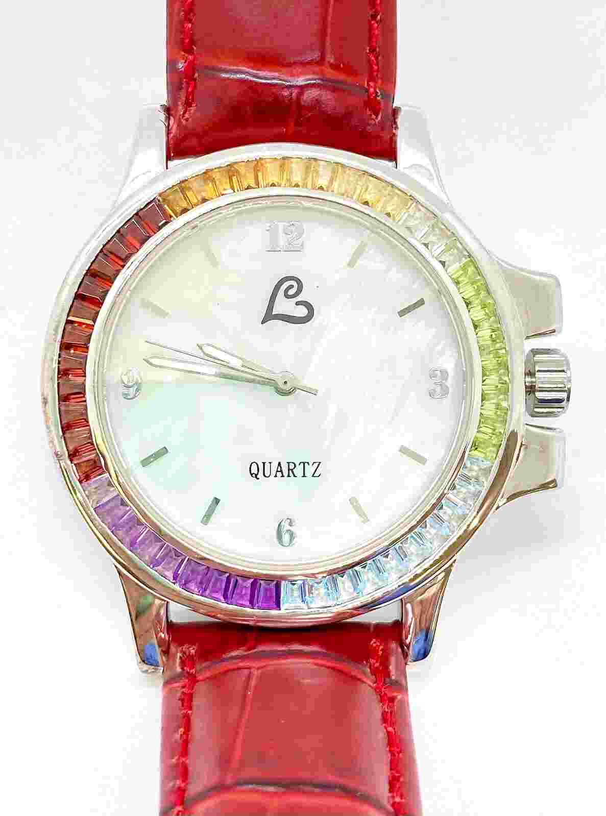 HSN Colleen Lopez Multi-Gemstone Mother Of Pearl Red Leather Strap Watch