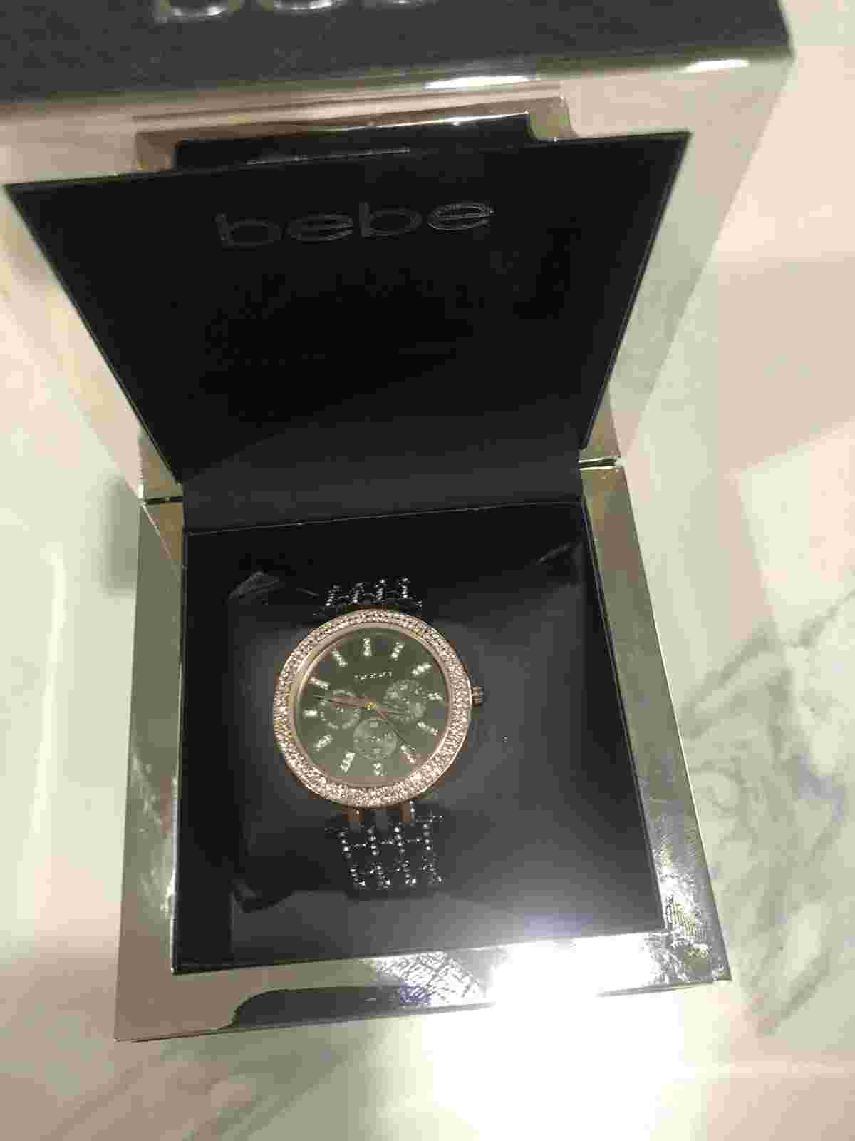 NWT BEBE TWO-TONE BLACK AND GOLD CRYSTAL BEZEL WATCH  Modern & glamorous colors!