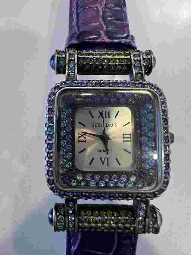 Vintage Heidi Daus Gold Tone Crystal Watch With Purple Leather Band