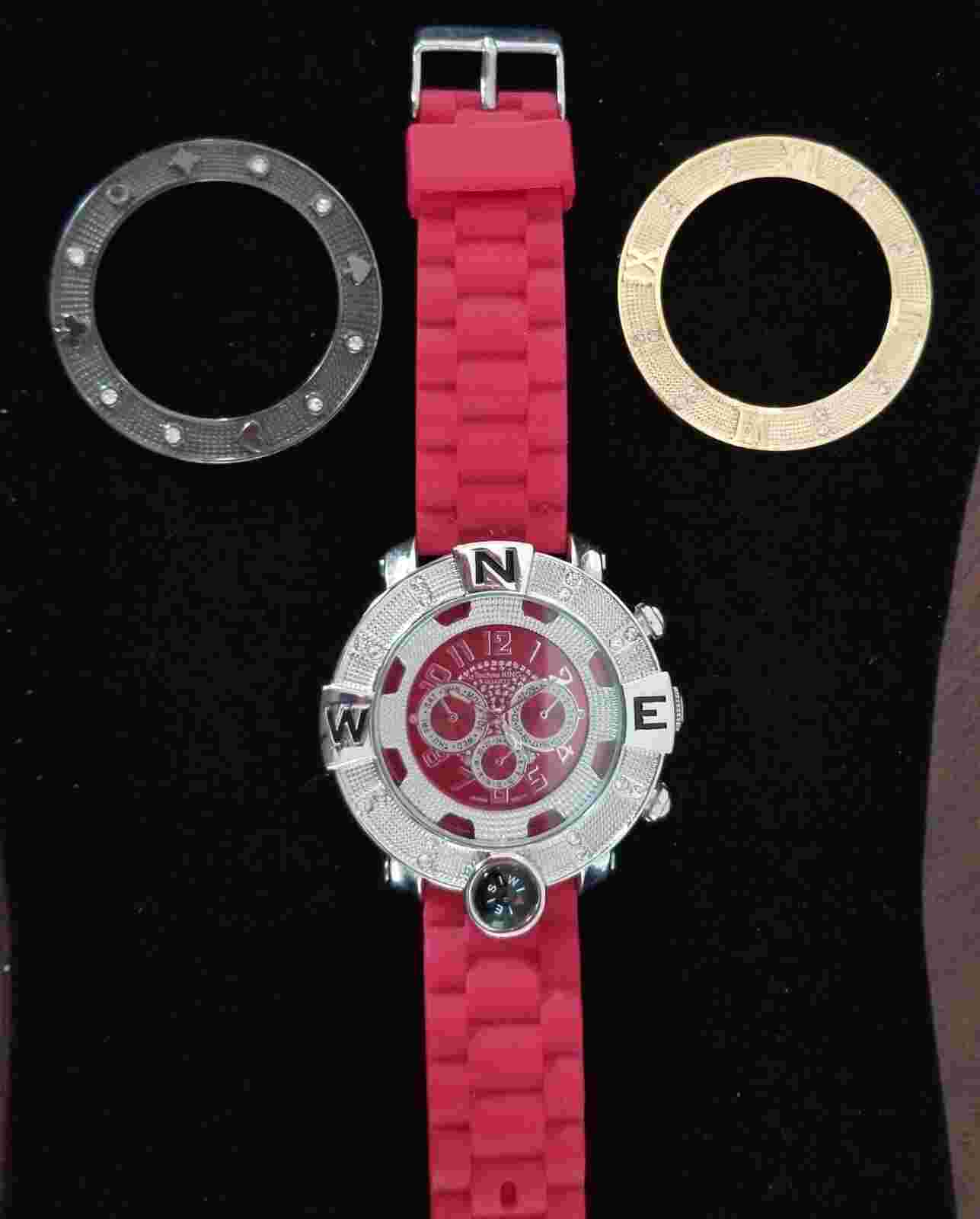 Techno King Silver Tone Watch Faux Chronograph Rubber Band 6.5"-8.5" New Battery