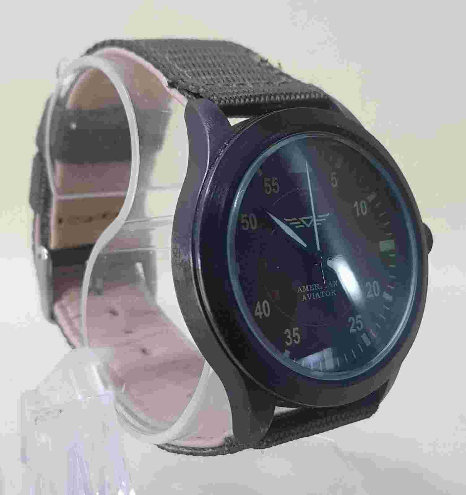 American Aviator Watch Nylon Leather Band Black Dial...NEW BATTERY