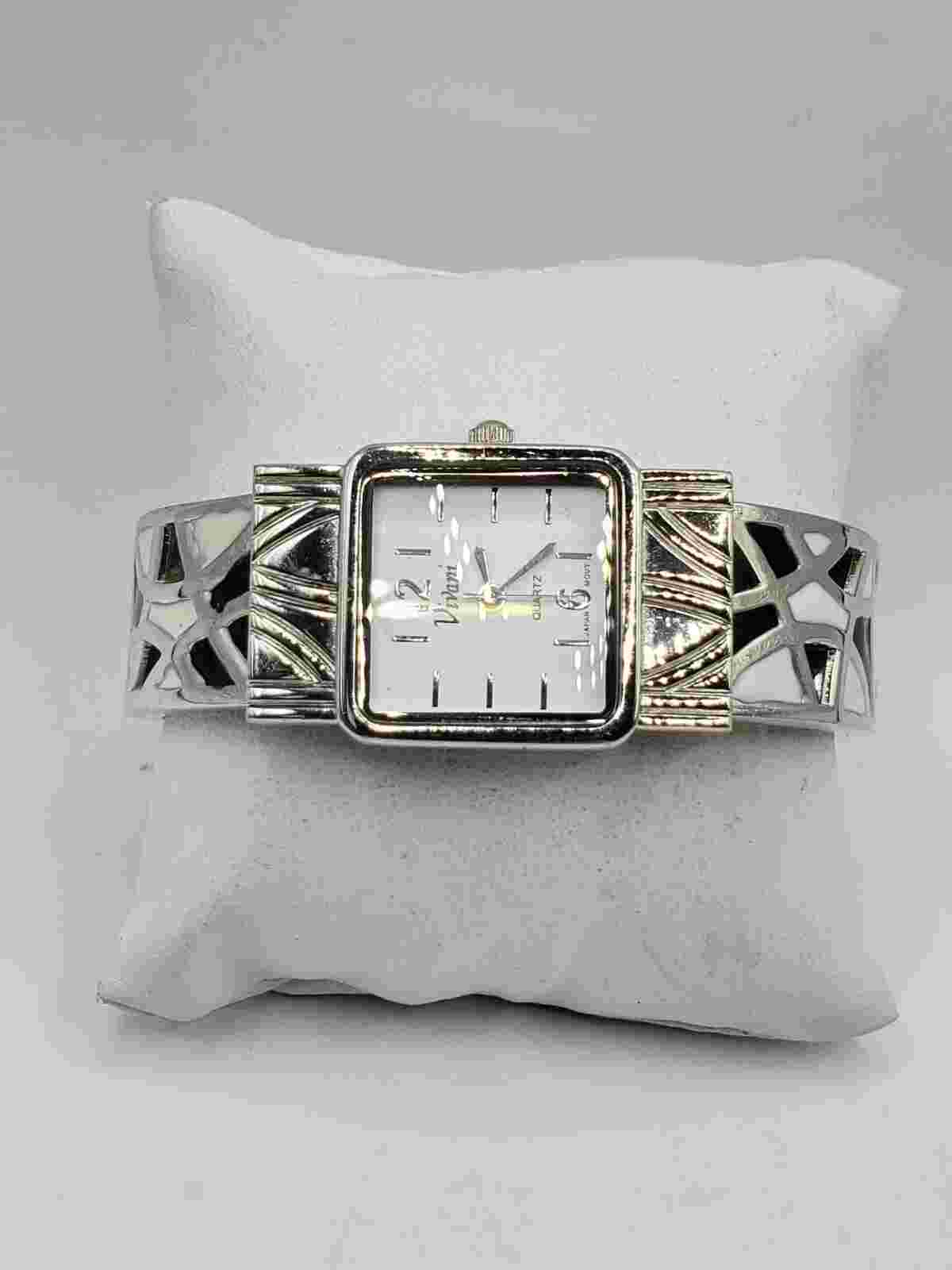 Vivani Ladies Fashion Quartz Watch 22mm Square Silver Tone Bracelet Cuff