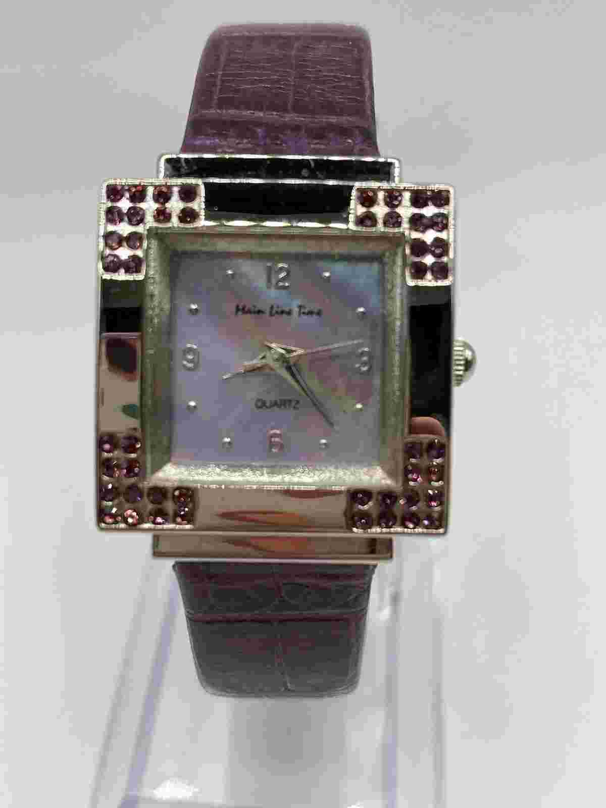 Vintage Main Line Time Purple Mother of Pearl S. Steel Stone Bezel Wrist Watch