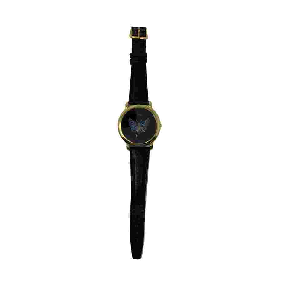 Vintage 1990's Try Me Vintage Butterfly Watch By Beuchat Gold Tone Black Band