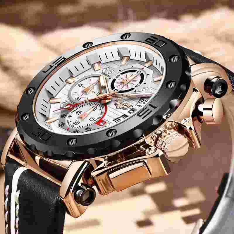 Reloj de Hombre con Caja de Acero Inoxidable Pulsera en Piel Suizo de Cuarzo