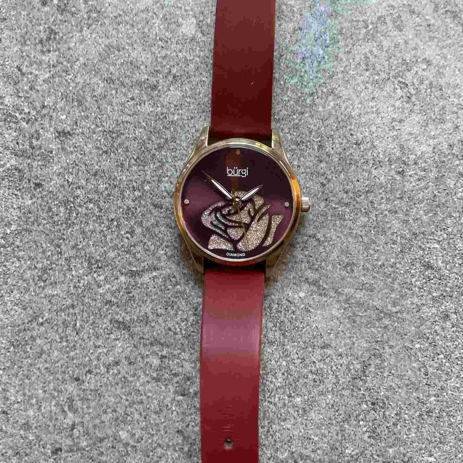 Burgi Watch Womens 31mm Burgundy Flower Dial Rose Gold Tone Case Diamond Dial BT