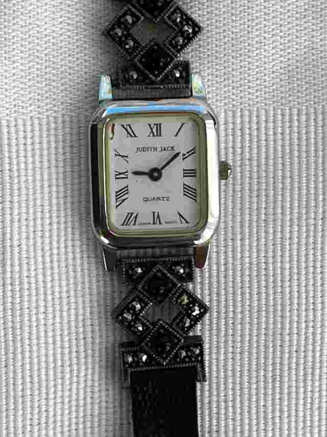 Judith Jack Sterling Silver Marcasite Watch With Leather Band in Original Case