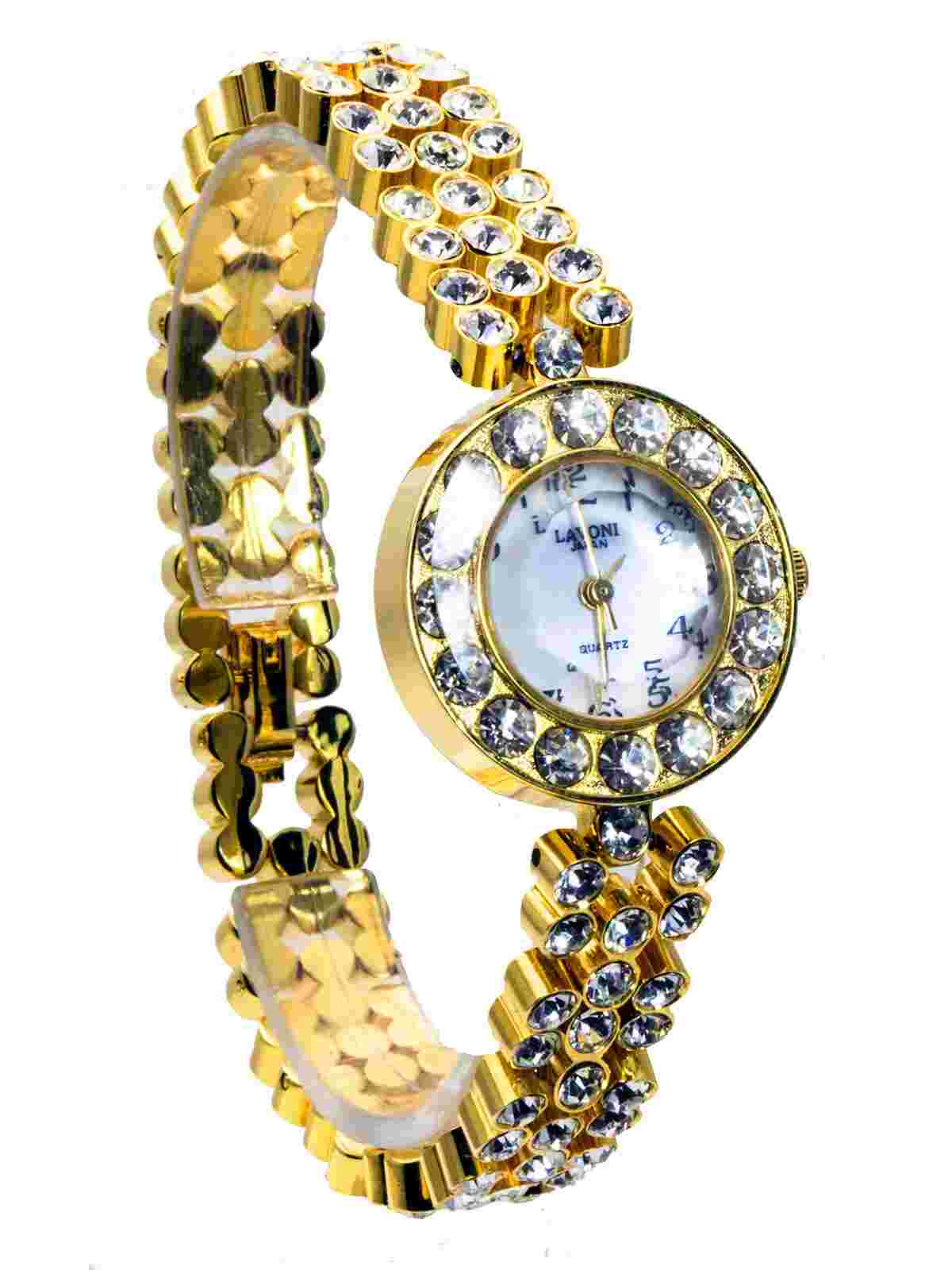 LAVONI:WOMENS' GOLD FINISH  WITH FULL STONE METAL BAND  ROUND/SQUARE CASE  WATCH