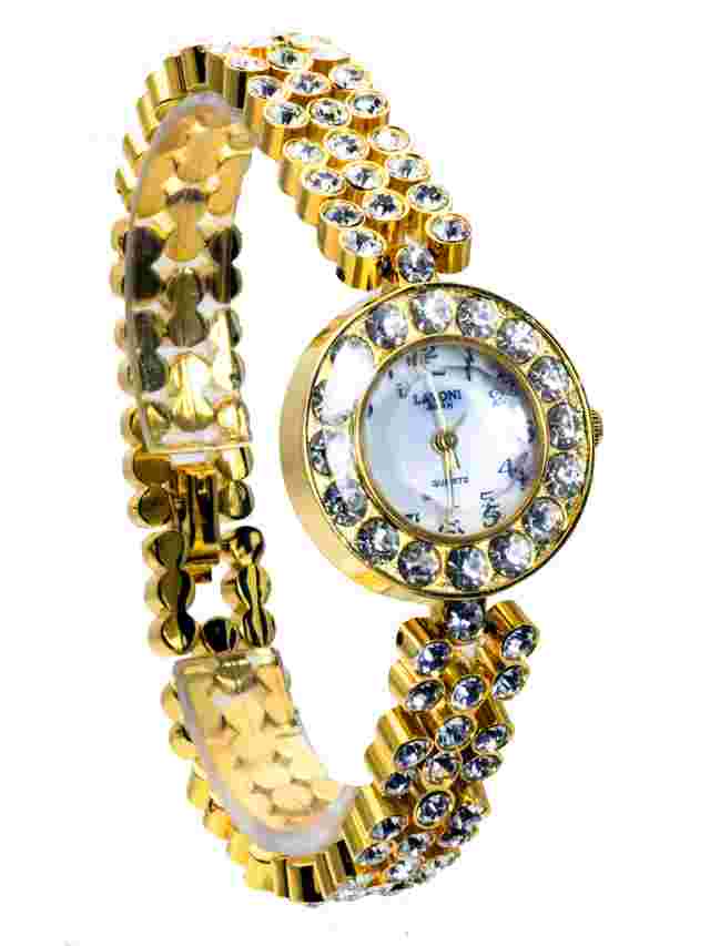 LAVONI:WOMENS' GOLD FINISH  WITH FULL STONE METAL BAND  ROUND/SQUARE CASE  WATCH