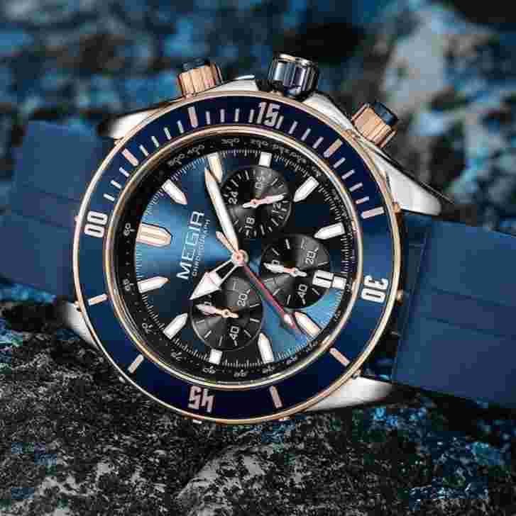 MEGIR Chronograph Quartz Diver Pilot Waterproof Watch Men's Silicone Calendar