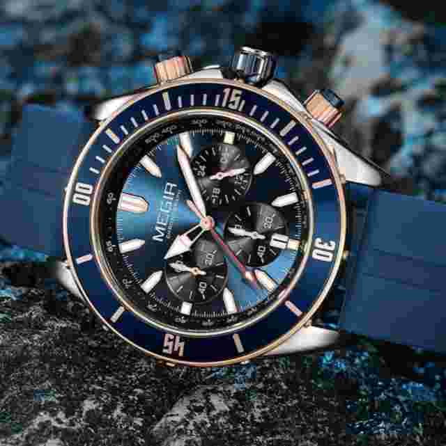 MEGIR Chronograph Quartz Diver Pilot Waterproof Watch Men's Silicone Calendar