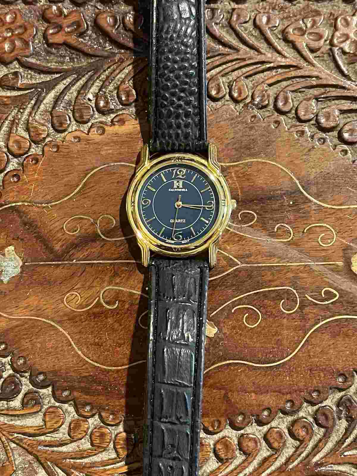 Calvin Hill Blue Face Black Leather Band Watch