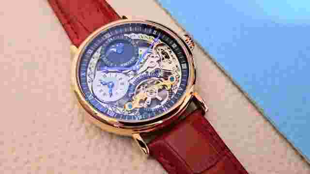 Mens Rose Gold Dual Time Skeleton Automatic Mechanical Watch Stainless Steel