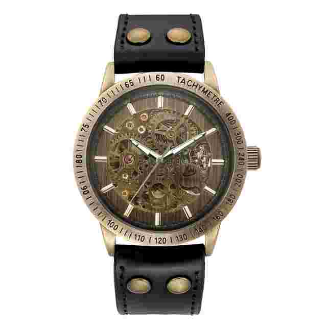 Vintage Bronze Men Wristwatch Skeleton Male Leather Strap Antique Steampunk New