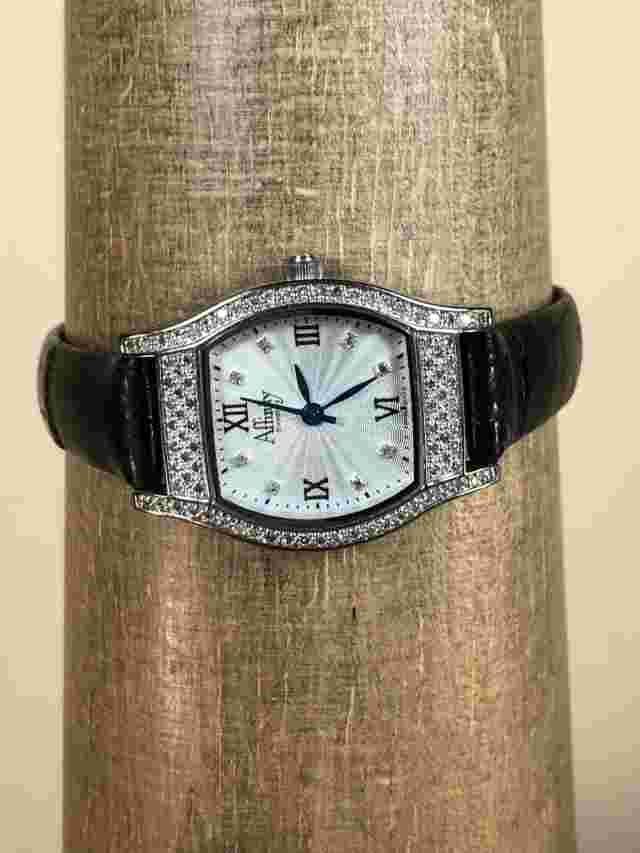 Affinity Diamond Women Sterling Silver Black Leather 24mm Quartz Watch 6 3/4"