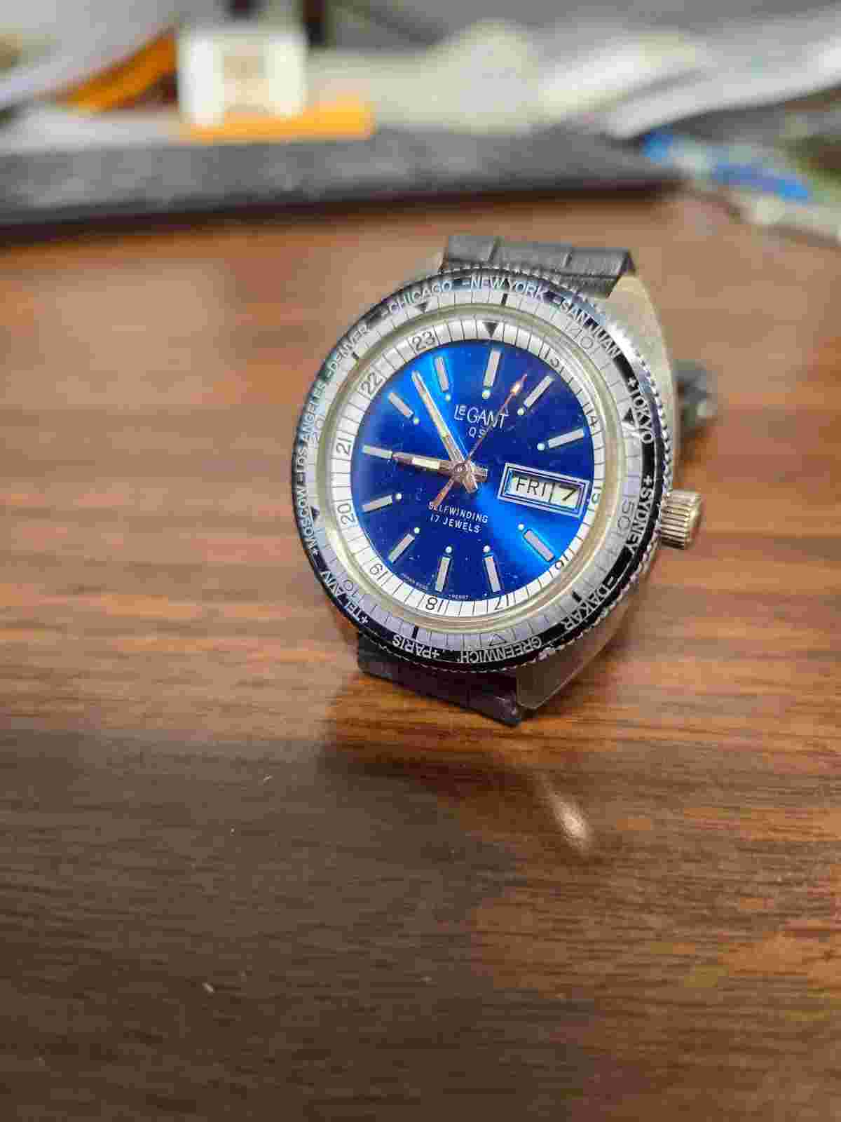 Vintage LeGant World Timer Watch 17 Jewel Automatic Day-Date model Serviced