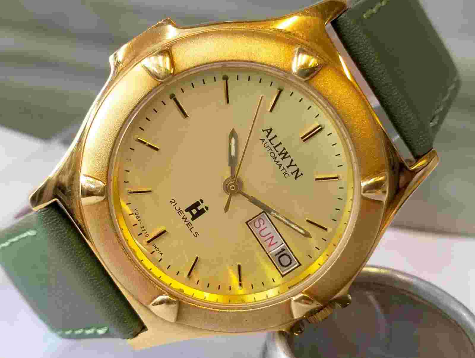 ORIGINAL ALLWYN AUTOMATIC 21J NOS GOLD DIAL Y381-8460 INDIA MEN'S FULL WORKING