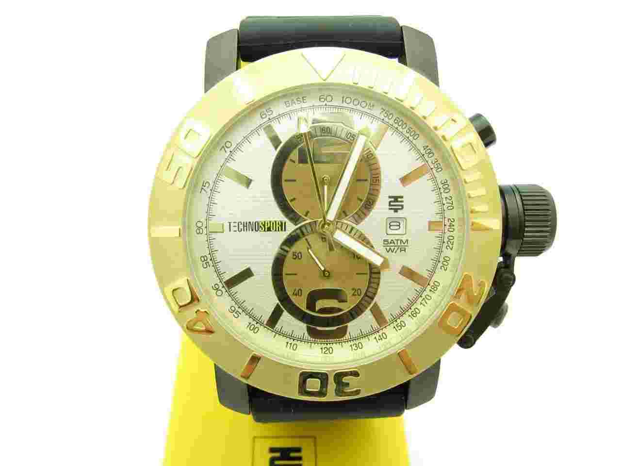TECHNO SPORT CHRONOGRAPH YELLOW GOLD STAINLESS STEEL BLACK RUBBER STRAP WATCH