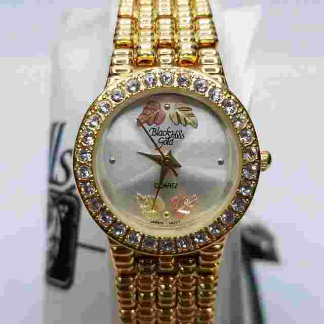 Women's BLACK HILLS GOLD 12K Gold Leaves Crystallized Swarovski St. Steel Watch