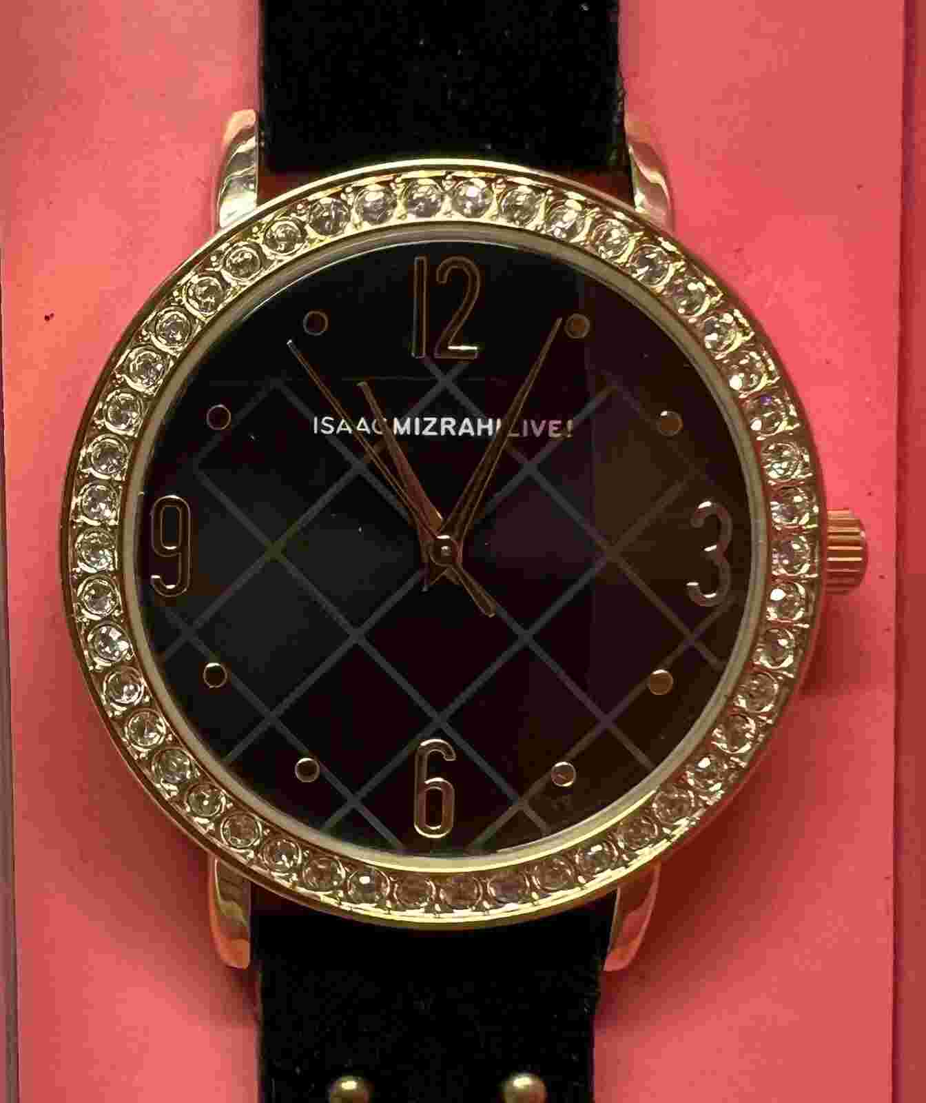 Isaac Mizrahi Live  Womens Leather Wrist Watch Analog Studded Velvet Crystals