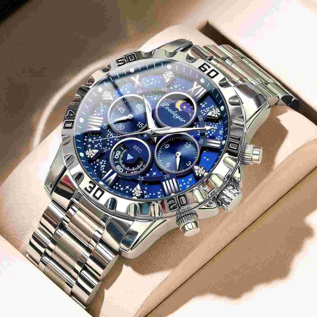 Reloj de Hombre con Caja de Acero Inoxidable Suizo Plateado Azul Elegantes