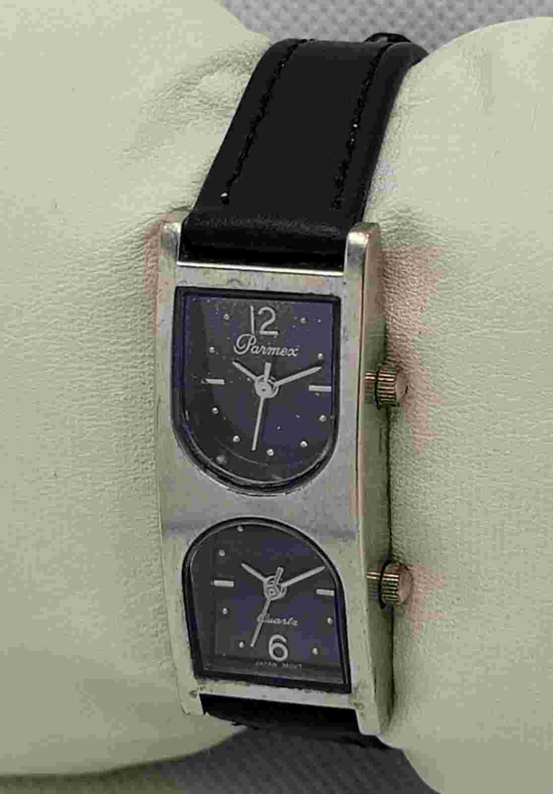 Ladies Pramex Rectangle Silver Tone Blue Dial Black Leather Band Dual Watch J9