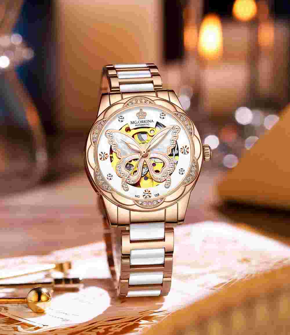 Women' s Mother of Pearl Dial Stone Marker Rose-gold Ceramic Mechanical Watch